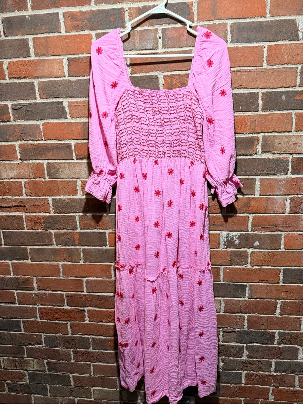 Free people dupe * Pink Maxi Dress with  Floral Embroidery and Smocked Bodice